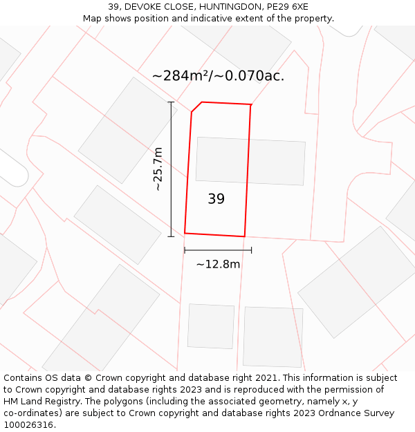 39, DEVOKE CLOSE, HUNTINGDON, PE29 6XE: Plot and title map