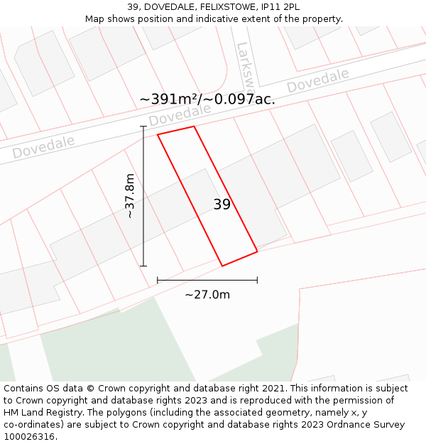 39, DOVEDALE, FELIXSTOWE, IP11 2PL: Plot and title map