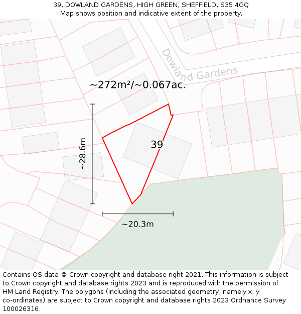 39, DOWLAND GARDENS, HIGH GREEN, SHEFFIELD, S35 4GQ: Plot and title map