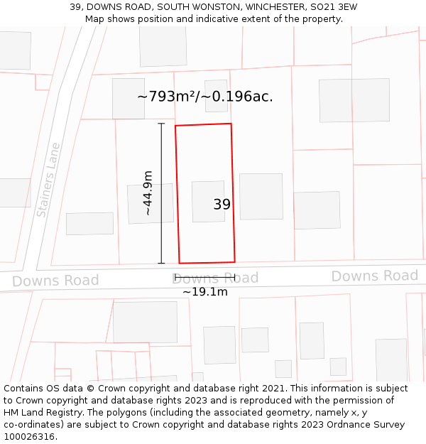 39, DOWNS ROAD, SOUTH WONSTON, WINCHESTER, SO21 3EW: Plot and title map