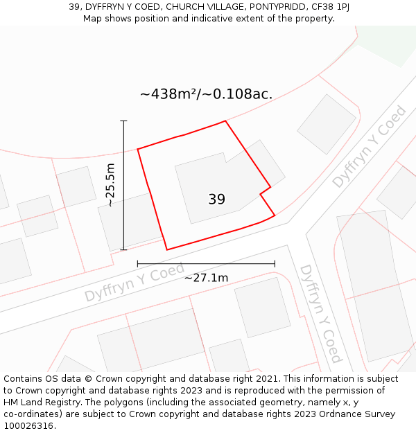 39, DYFFRYN Y COED, CHURCH VILLAGE, PONTYPRIDD, CF38 1PJ: Plot and title map