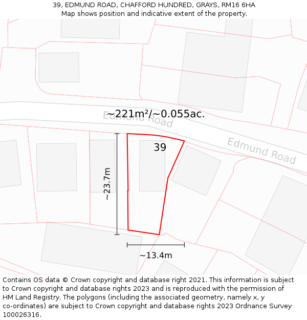 39, EDMUND ROAD, CHAFFORD HUNDRED, GRAYS, RM16 6HA: Plot and title map