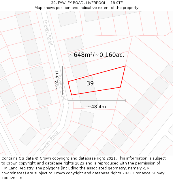 39, FAWLEY ROAD, LIVERPOOL, L18 9TE: Plot and title map