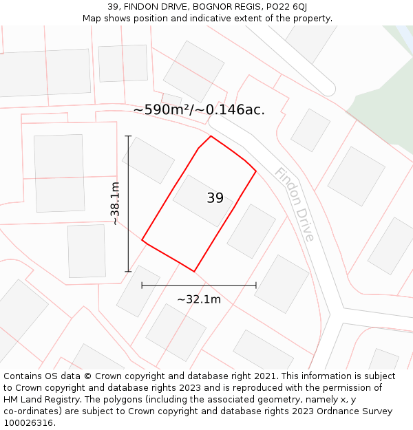 39, FINDON DRIVE, BOGNOR REGIS, PO22 6QJ: Plot and title map