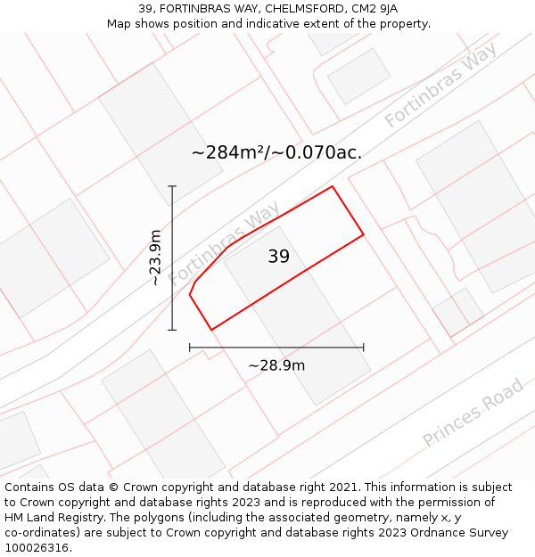 39, FORTINBRAS WAY, CHELMSFORD, CM2 9JA: Plot and title map
