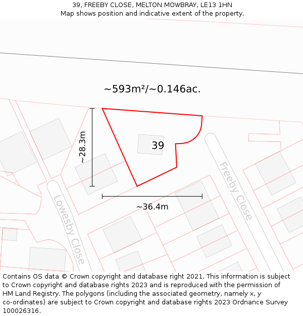 39, FREEBY CLOSE, MELTON MOWBRAY, LE13 1HN: Plot and title map