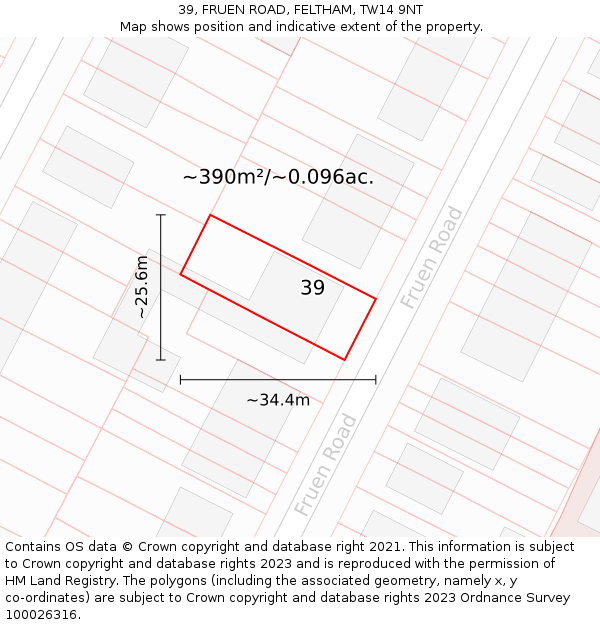 39, FRUEN ROAD, FELTHAM, TW14 9NT: Plot and title map