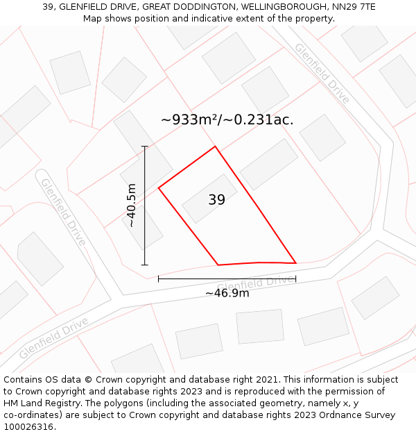 39, GLENFIELD DRIVE, GREAT DODDINGTON, WELLINGBOROUGH, NN29 7TE: Plot and title map