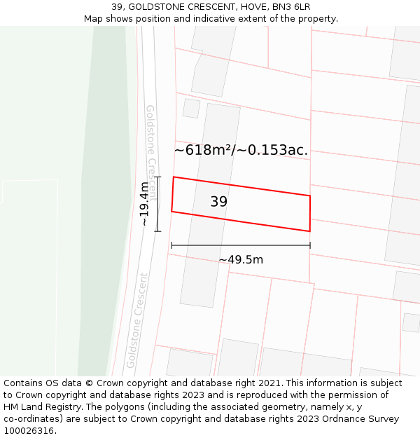 39, GOLDSTONE CRESCENT, HOVE, BN3 6LR: Plot and title map