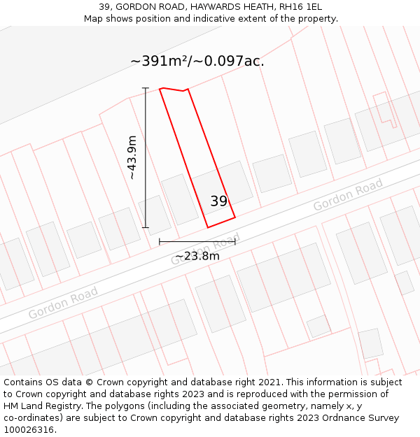 39, GORDON ROAD, HAYWARDS HEATH, RH16 1EL: Plot and title map