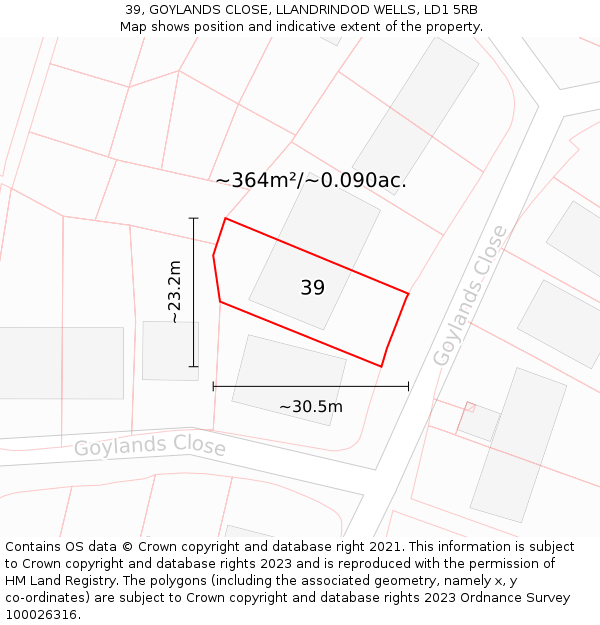 39, GOYLANDS CLOSE, LLANDRINDOD WELLS, LD1 5RB: Plot and title map