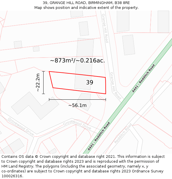 39, GRANGE HILL ROAD, BIRMINGHAM, B38 8RE: Plot and title map