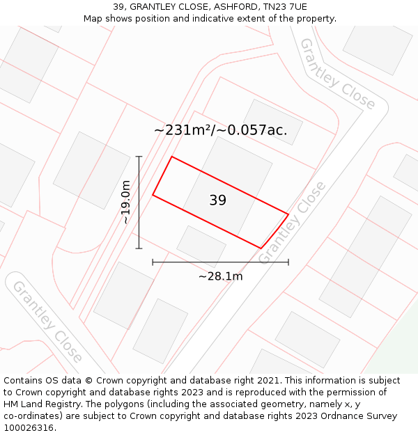 39, GRANTLEY CLOSE, ASHFORD, TN23 7UE: Plot and title map