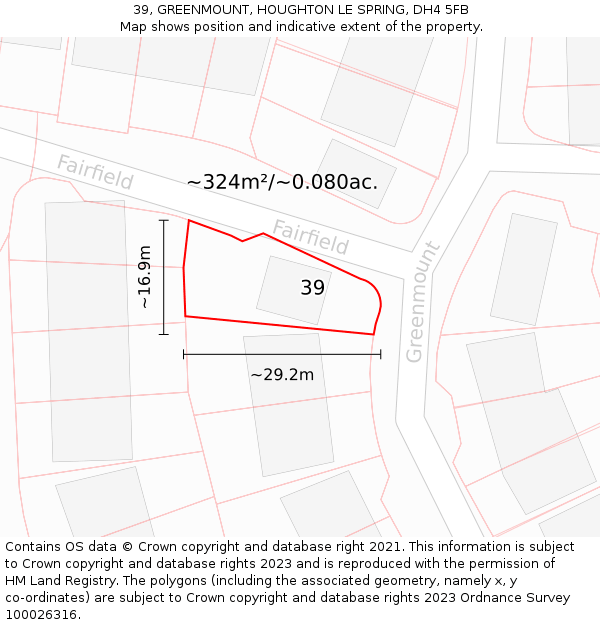 39, GREENMOUNT, HOUGHTON LE SPRING, DH4 5FB: Plot and title map