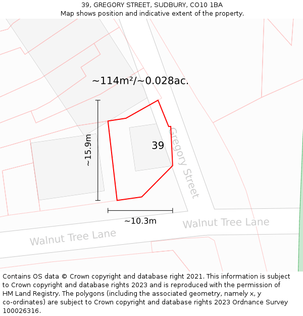 39, GREGORY STREET, SUDBURY, CO10 1BA: Plot and title map