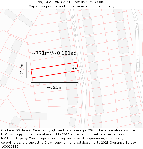 39, HAMILTON AVENUE, WOKING, GU22 8RU: Plot and title map