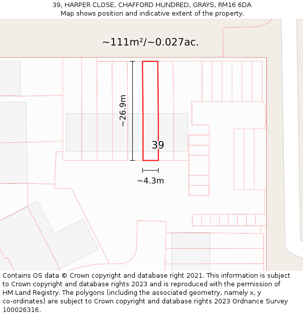 39, HARPER CLOSE, CHAFFORD HUNDRED, GRAYS, RM16 6DA: Plot and title map