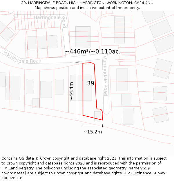 39, HARRINGDALE ROAD, HIGH HARRINGTON, WORKINGTON, CA14 4NU: Plot and title map