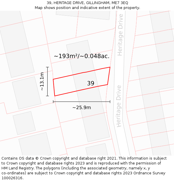 39, HERITAGE DRIVE, GILLINGHAM, ME7 3EQ: Plot and title map