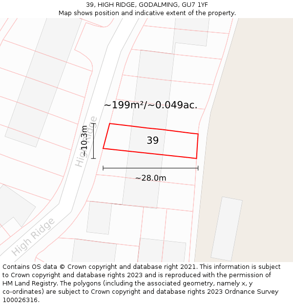 39, HIGH RIDGE, GODALMING, GU7 1YF: Plot and title map