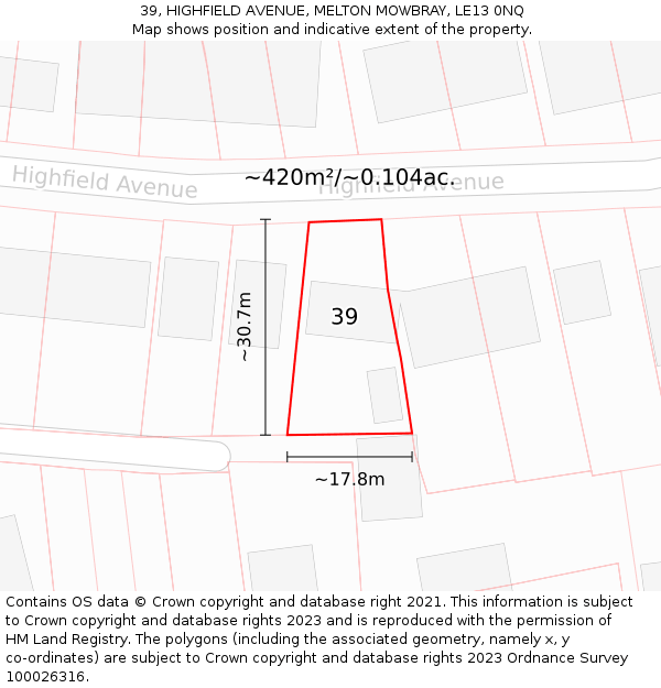 39, HIGHFIELD AVENUE, MELTON MOWBRAY, LE13 0NQ: Plot and title map