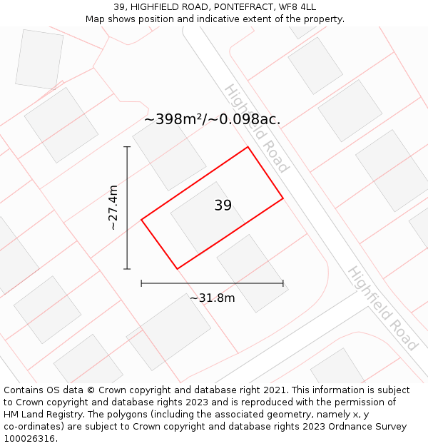 39, HIGHFIELD ROAD, PONTEFRACT, WF8 4LL: Plot and title map