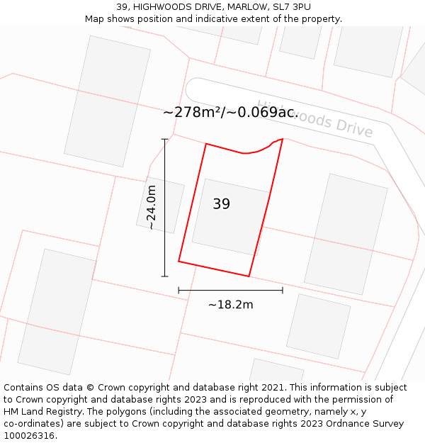 39, HIGHWOODS DRIVE, MARLOW, SL7 3PU: Plot and title map