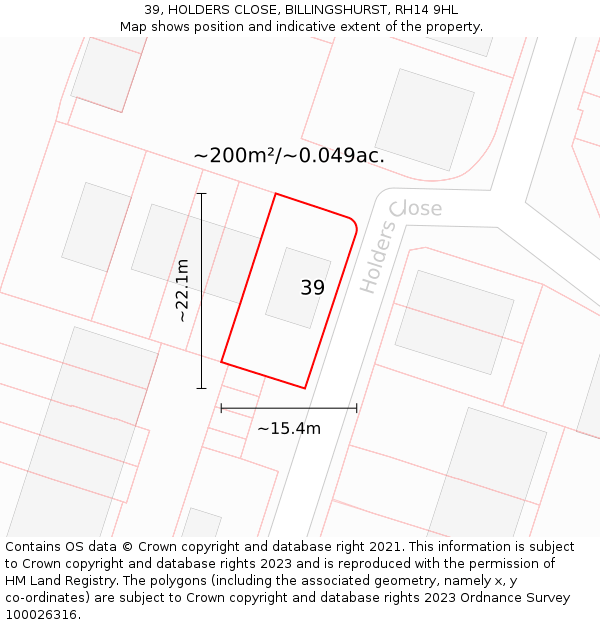 39, HOLDERS CLOSE, BILLINGSHURST, RH14 9HL: Plot and title map