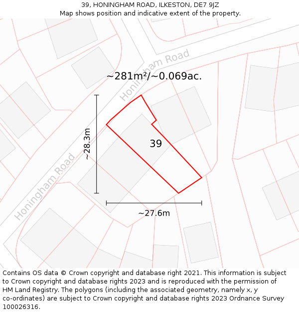 39, HONINGHAM ROAD, ILKESTON, DE7 9JZ: Plot and title map