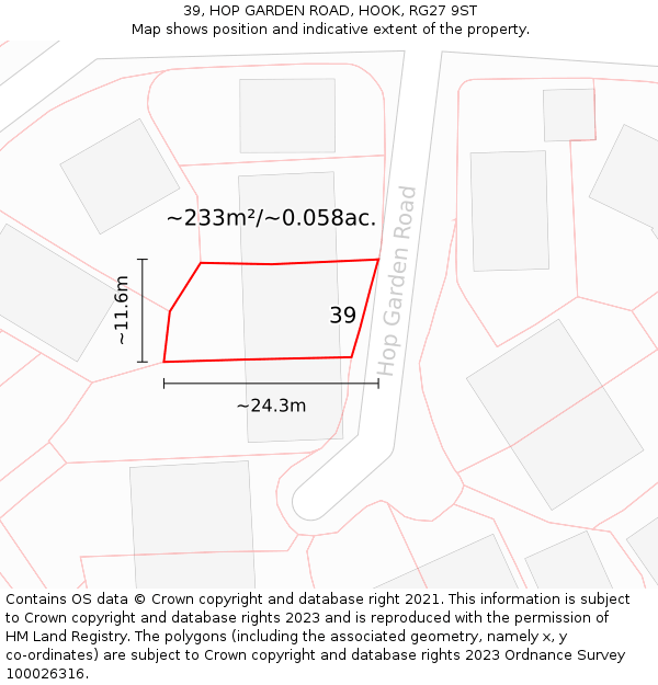 39, HOP GARDEN ROAD, HOOK, RG27 9ST: Plot and title map