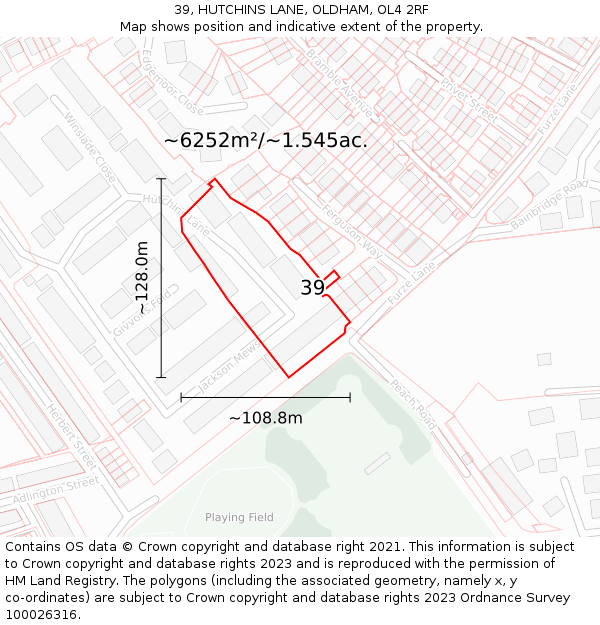 39, HUTCHINS LANE, OLDHAM, OL4 2RF: Plot and title map