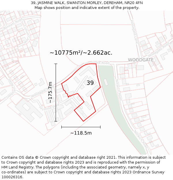 39, JASMINE WALK, SWANTON MORLEY, DEREHAM, NR20 4FN: Plot and title map