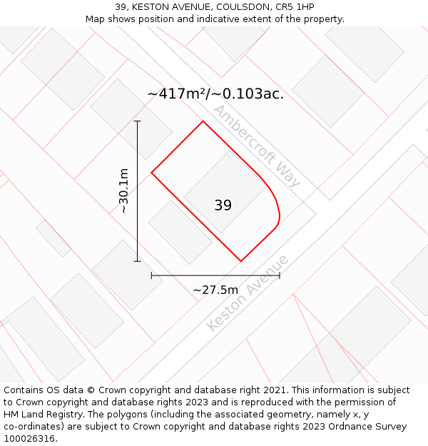 39, KESTON AVENUE, COULSDON, CR5 1HP: Plot and title map