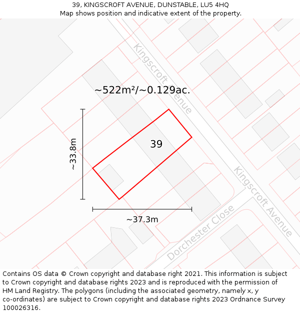 39, KINGSCROFT AVENUE, DUNSTABLE, LU5 4HQ: Plot and title map