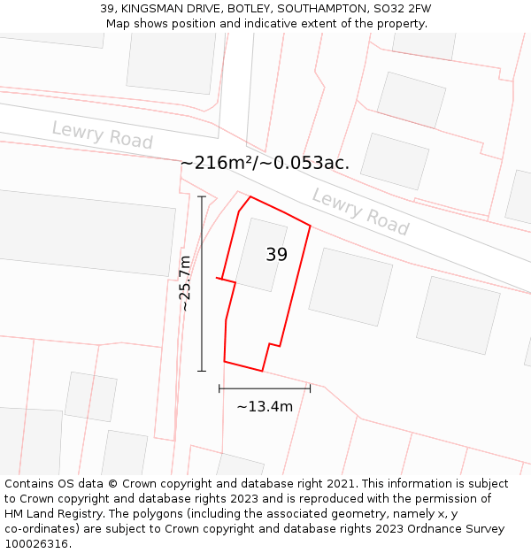 39, KINGSMAN DRIVE, BOTLEY, SOUTHAMPTON, SO32 2FW: Plot and title map