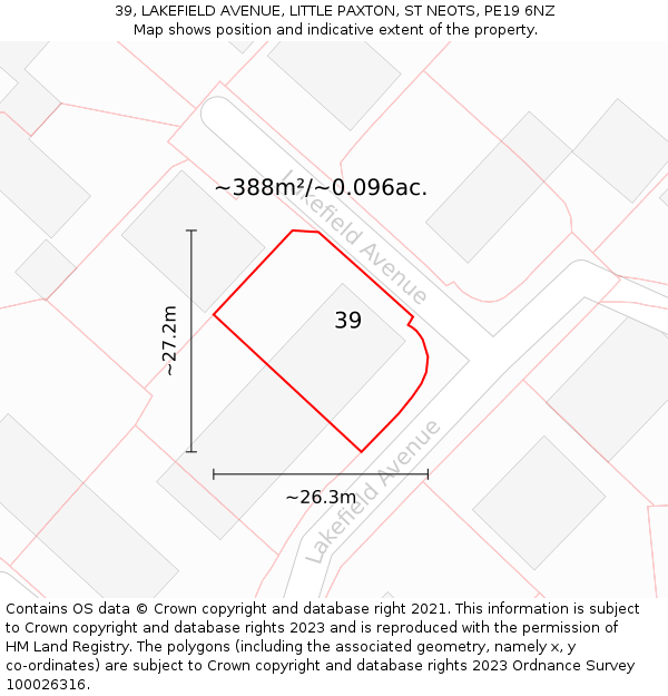 39, LAKEFIELD AVENUE, LITTLE PAXTON, ST NEOTS, PE19 6NZ: Plot and title map