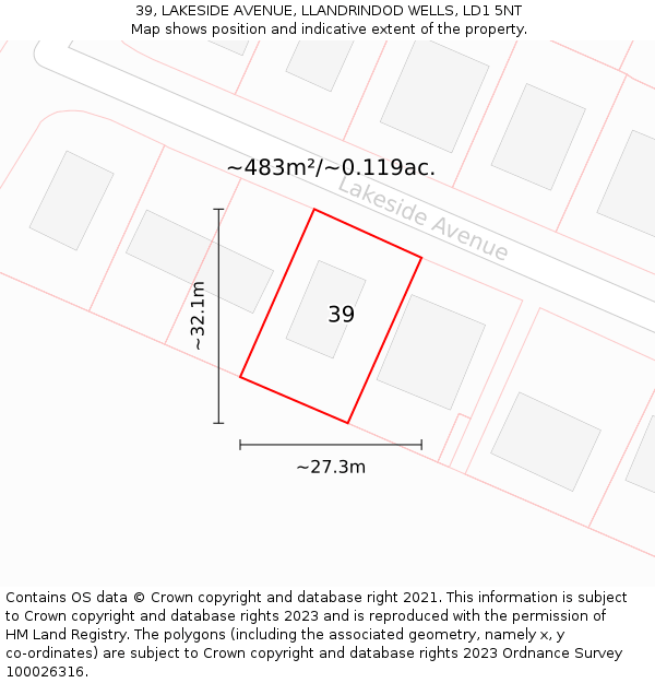 39, LAKESIDE AVENUE, LLANDRINDOD WELLS, LD1 5NT: Plot and title map