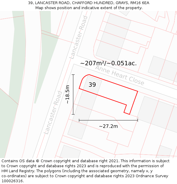 39, LANCASTER ROAD, CHAFFORD HUNDRED, GRAYS, RM16 6EA: Plot and title map