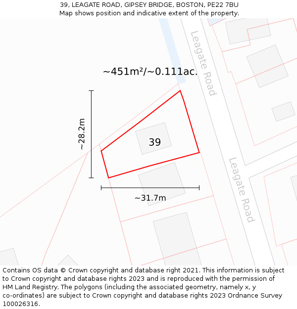 39, LEAGATE ROAD, GIPSEY BRIDGE, BOSTON, PE22 7BU: Plot and title map