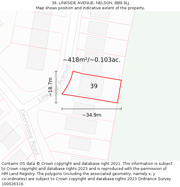 39, LINKSIDE AVENUE, NELSON, BB9 9LJ: Plot and title map