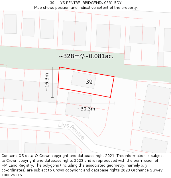 39, LLYS PENTRE, BRIDGEND, CF31 5DY: Plot and title map