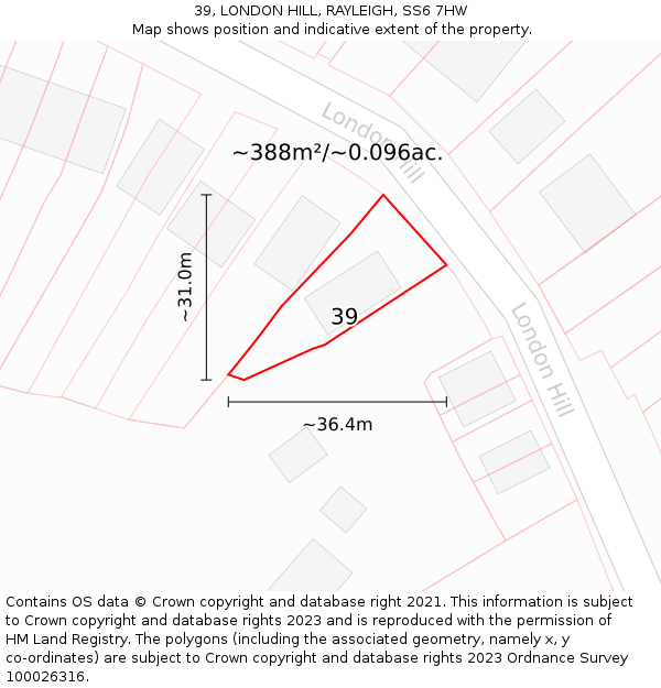 39, LONDON HILL, RAYLEIGH, SS6 7HW: Plot and title map