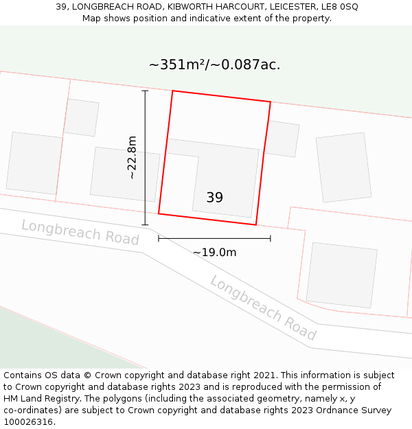 39, LONGBREACH ROAD, KIBWORTH HARCOURT, LEICESTER, LE8 0SQ: Plot and title map