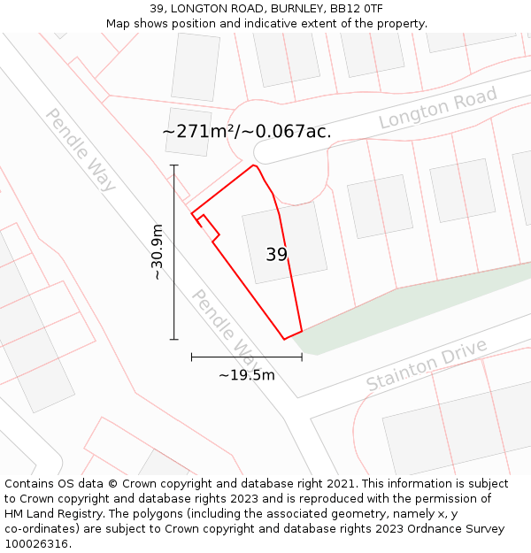 39, LONGTON ROAD, BURNLEY, BB12 0TF: Plot and title map