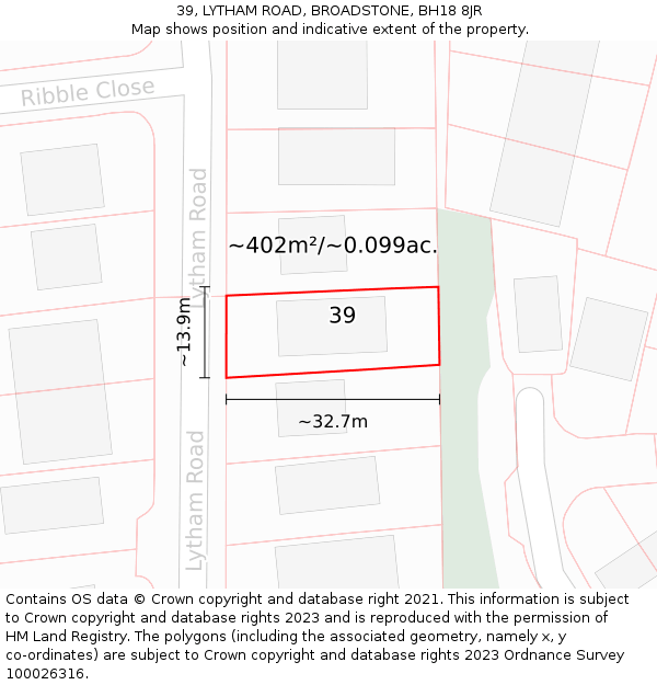 39, LYTHAM ROAD, BROADSTONE, BH18 8JR: Plot and title map