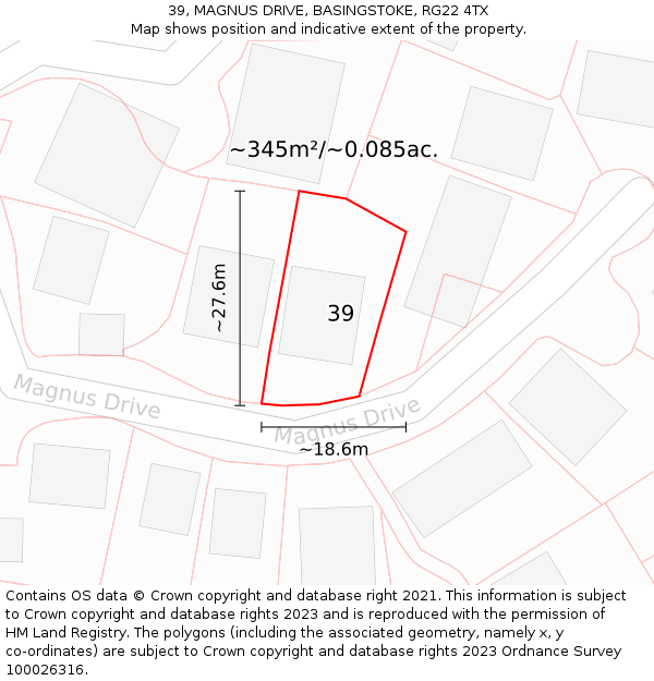 39, MAGNUS DRIVE, BASINGSTOKE, RG22 4TX: Plot and title map