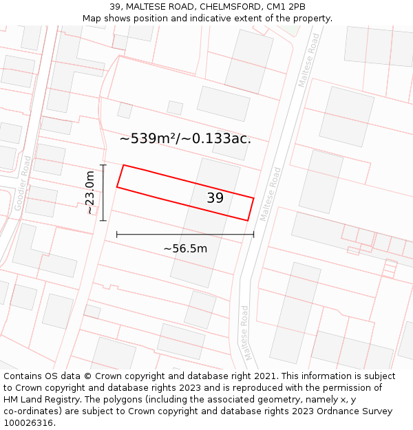 39, MALTESE ROAD, CHELMSFORD, CM1 2PB: Plot and title map