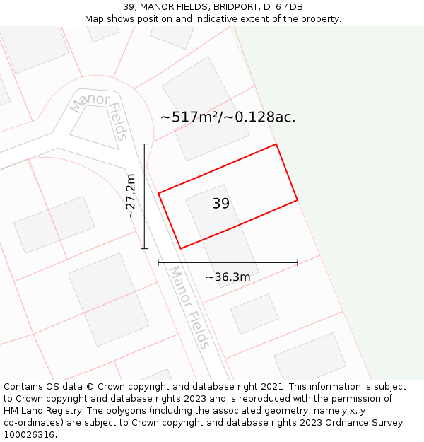 39, MANOR FIELDS, BRIDPORT, DT6 4DB: Plot and title map