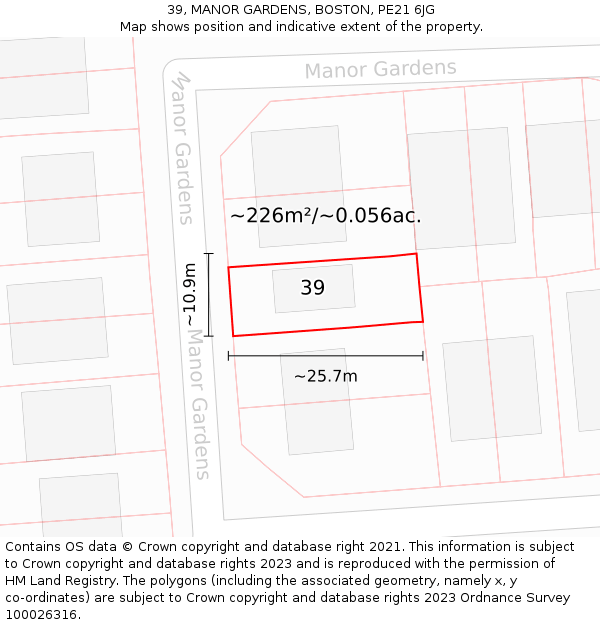 39, MANOR GARDENS, BOSTON, PE21 6JG: Plot and title map