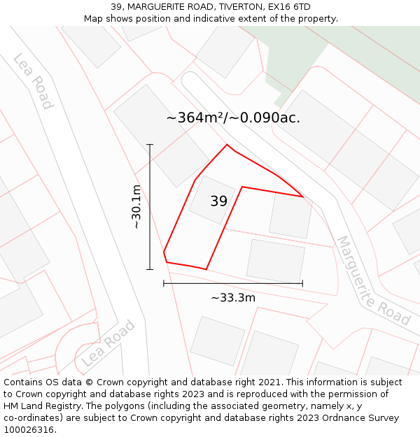 39, MARGUERITE ROAD, TIVERTON, EX16 6TD: Plot and title map